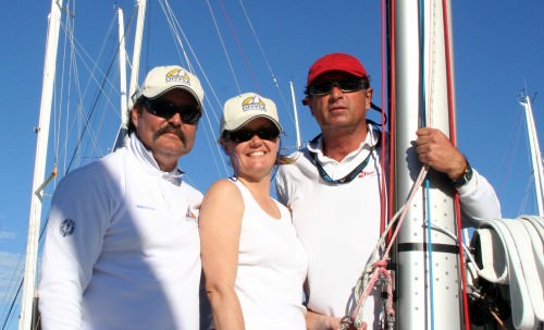 Neville Wittey (left) and owner Geoff Pearson (right), with Janie Wanless (middle) on Arajilla at Airlie Beach © Sail-World.com /AUS http://www.sail-world.com
